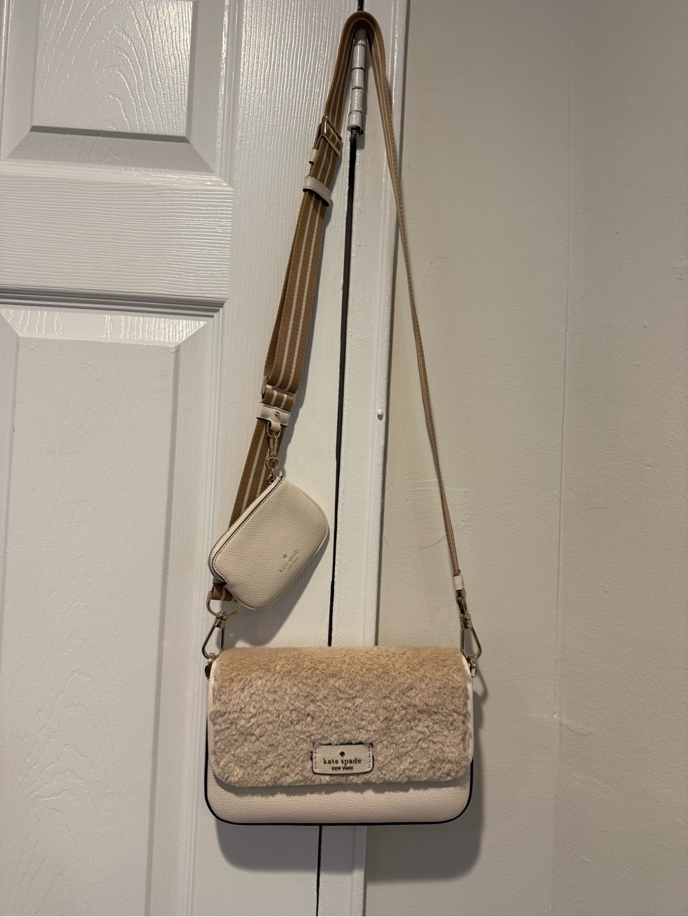 kate spade Cream Shearling Flap Crossbody with Tan Strap